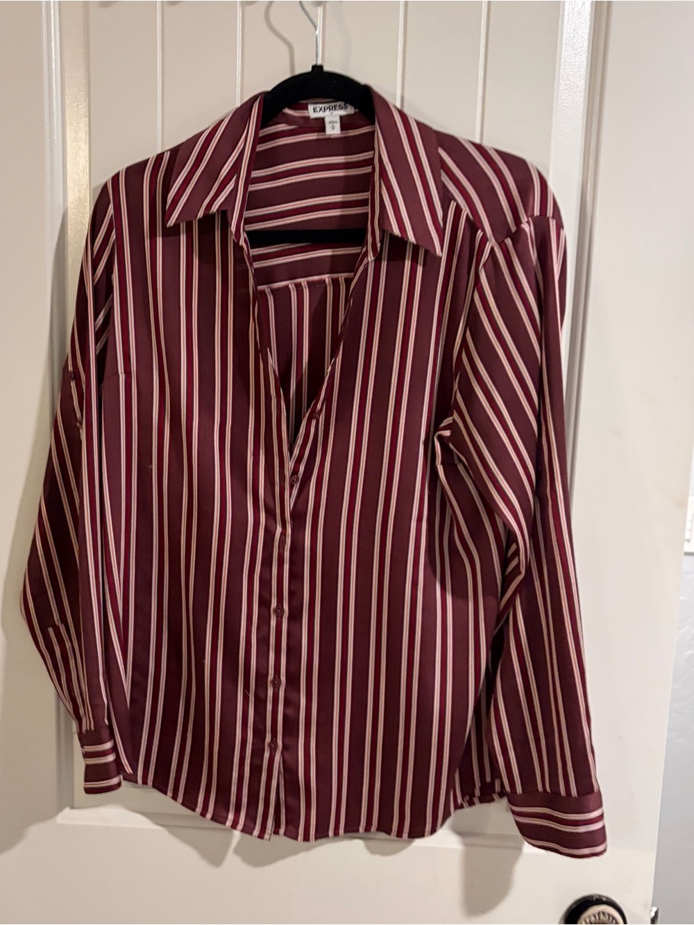 Express Women's Burgundy and Cream Vertical Stripe Button-Down Shirt